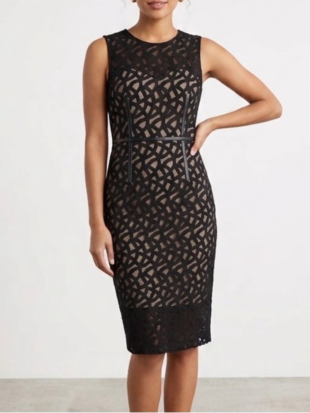 Vince Camuto Black Lace Overlay Sheath Dress Nude Lining Leather Trim
